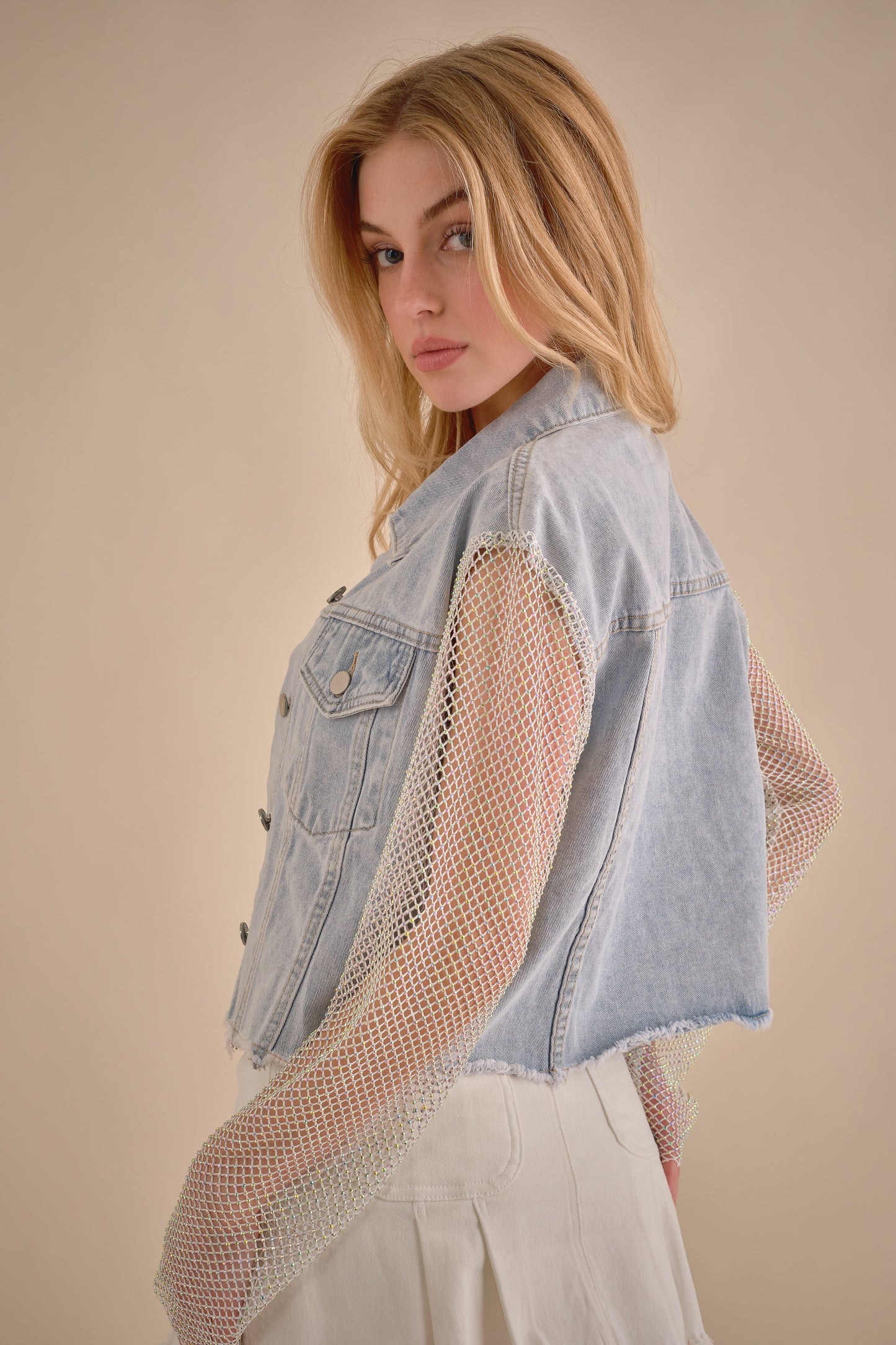 Mesh Sleeve Sparkle Denim Jacket