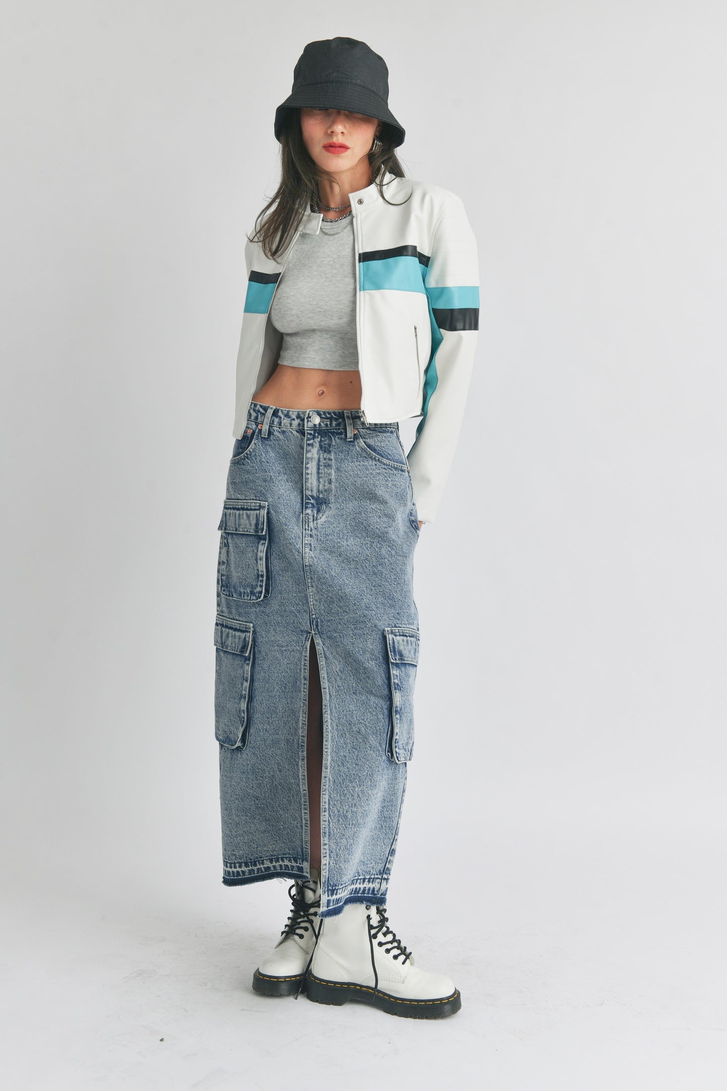 Cargo Denim Midi Skirt