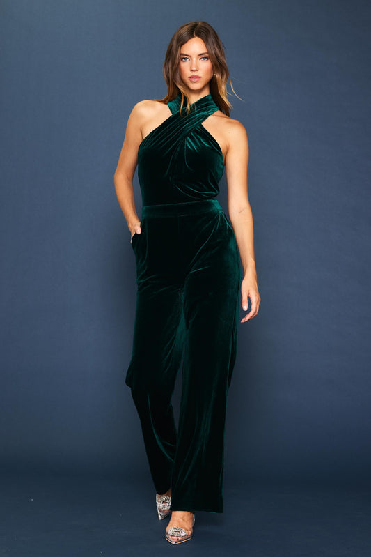 Green Velvet Halter Jumpsuit