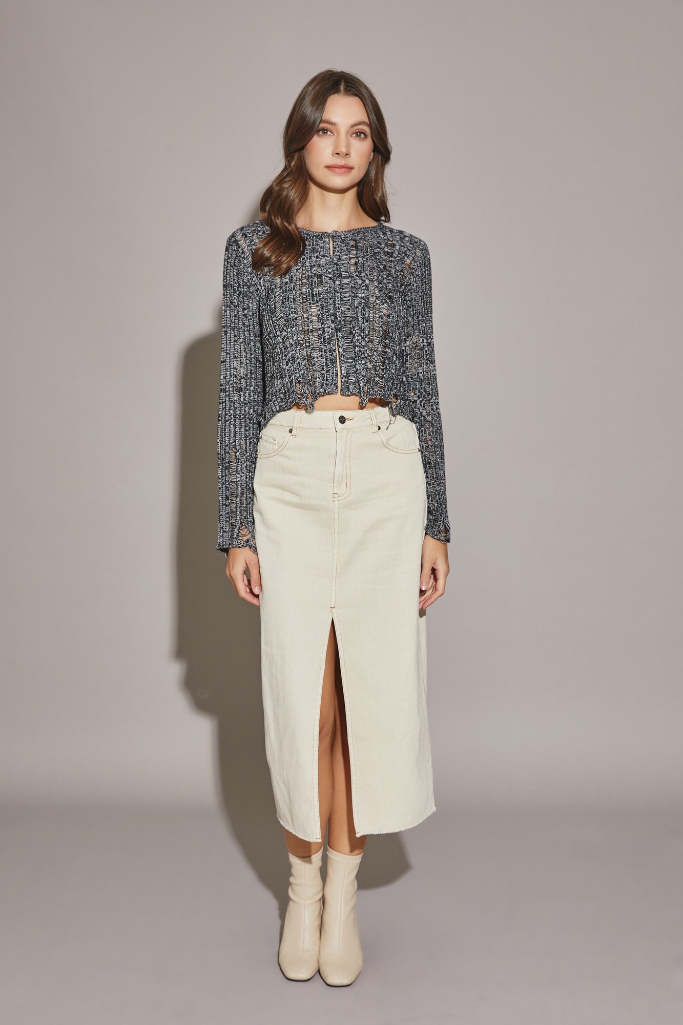 Front Slit Midi Denim Skirt