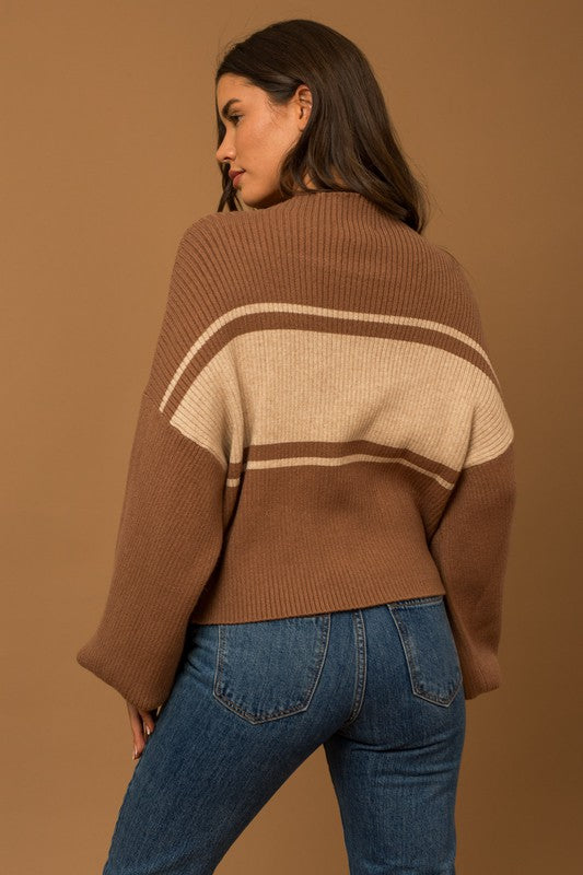 Contrast Stripe Mock Neck Sweater (Shipping Only)