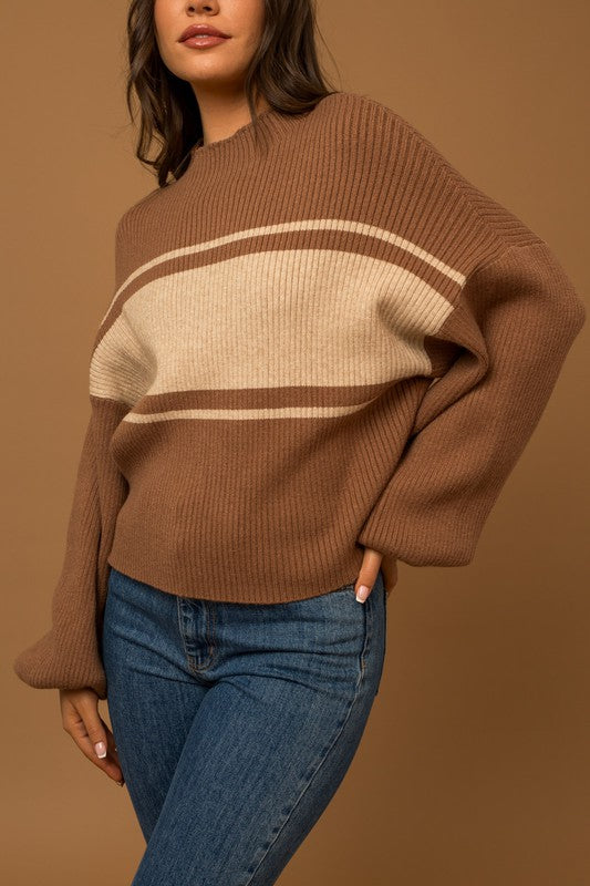 Contrast Stripe Mock Neck Sweater (Shipping Only)