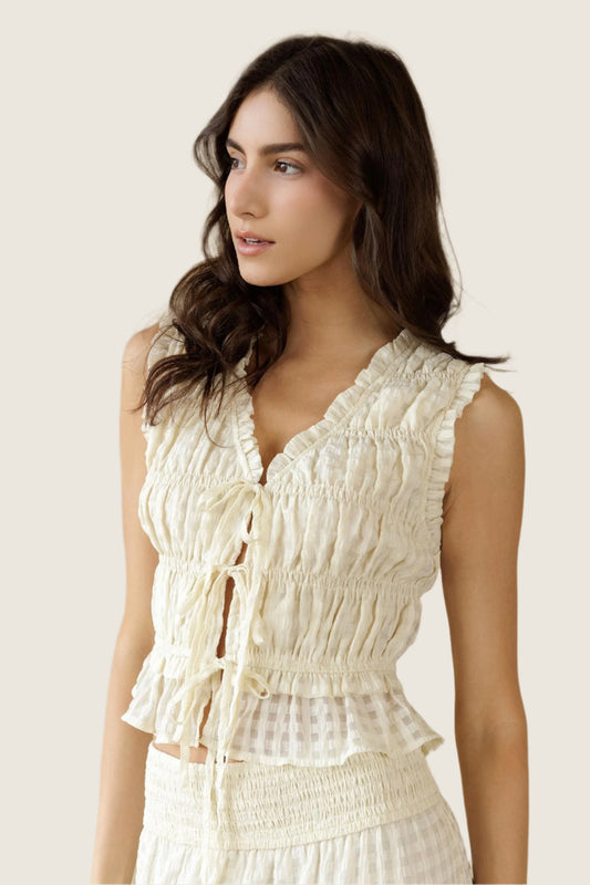 Cream Gingham Flutter Top