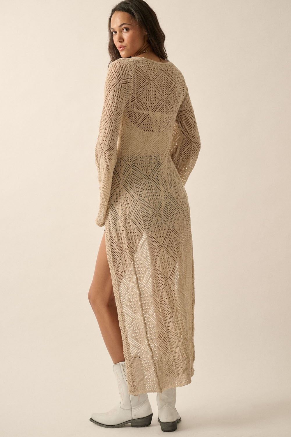 Pointelle Crochet Knit Long Cardigan