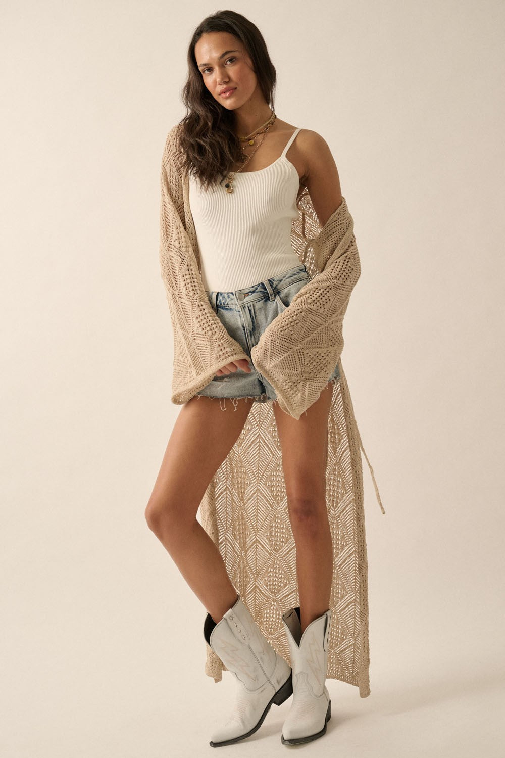 Pointelle Crochet Knit Long Cardigan