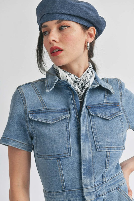 Zipper Denim Jumpsuit