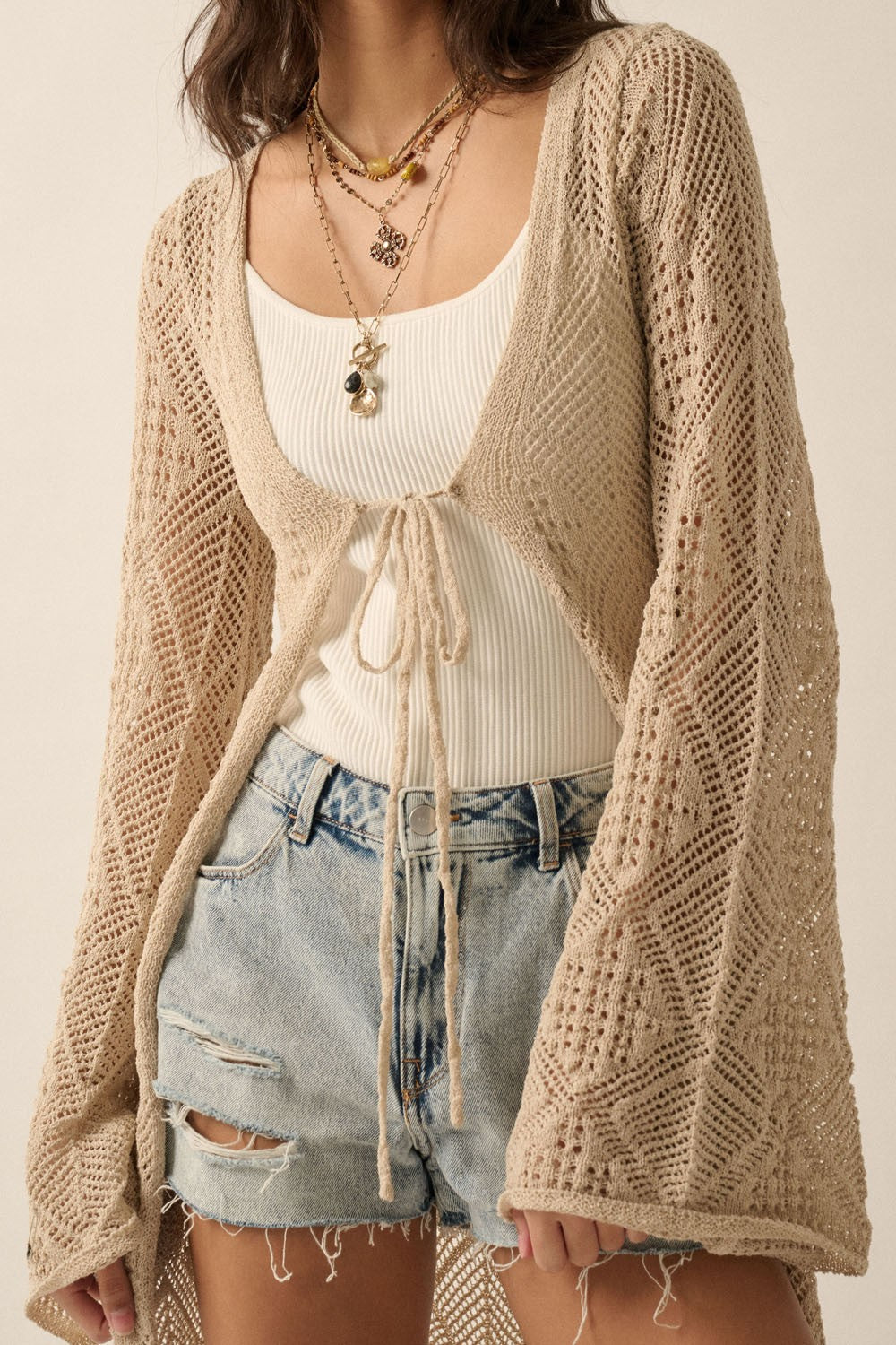 Pointelle Crochet Knit Long Cardigan