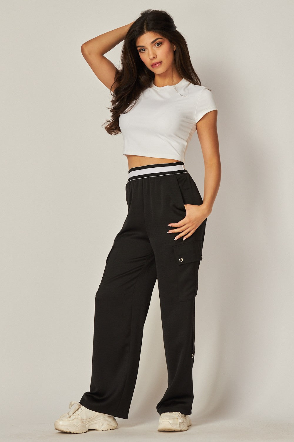 Satin Contrast Waistband Cargo Pants