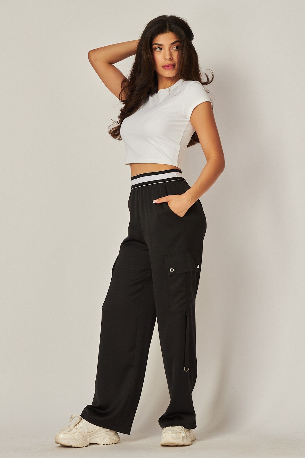 Satin Contrast Waistband Cargo Pants