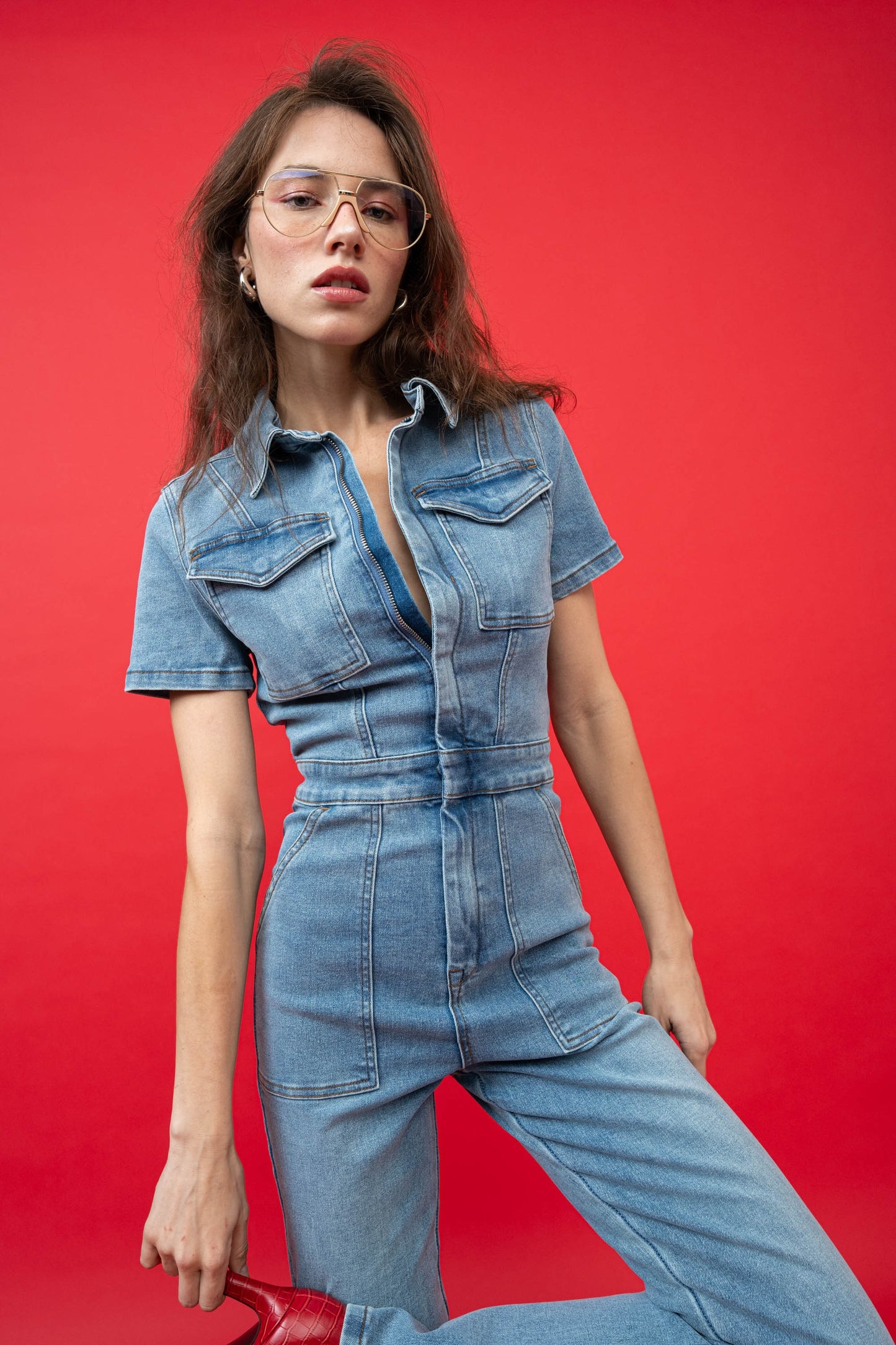 Zipper Denim Jumpsuit