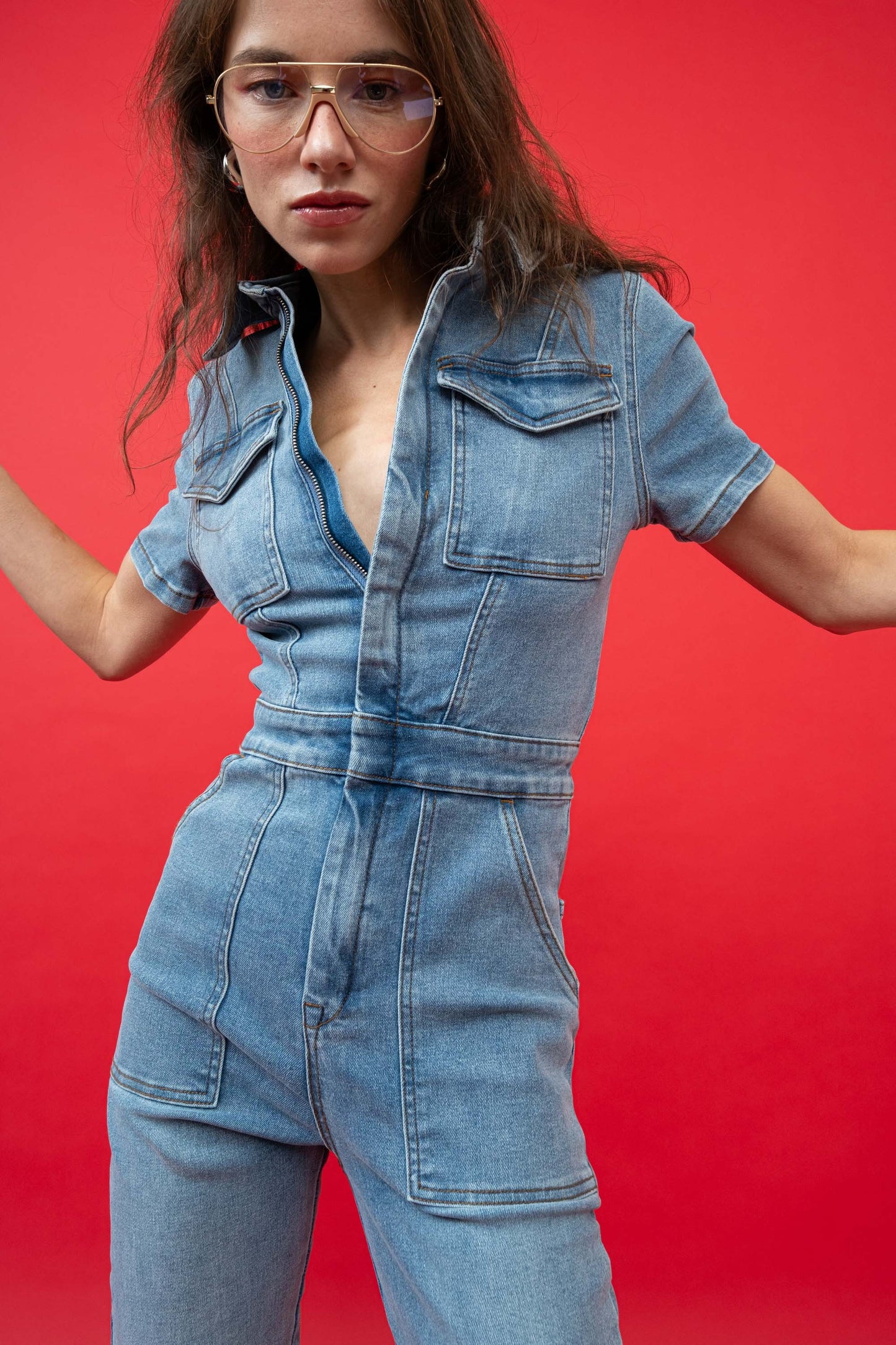 Zipper Denim Jumpsuit