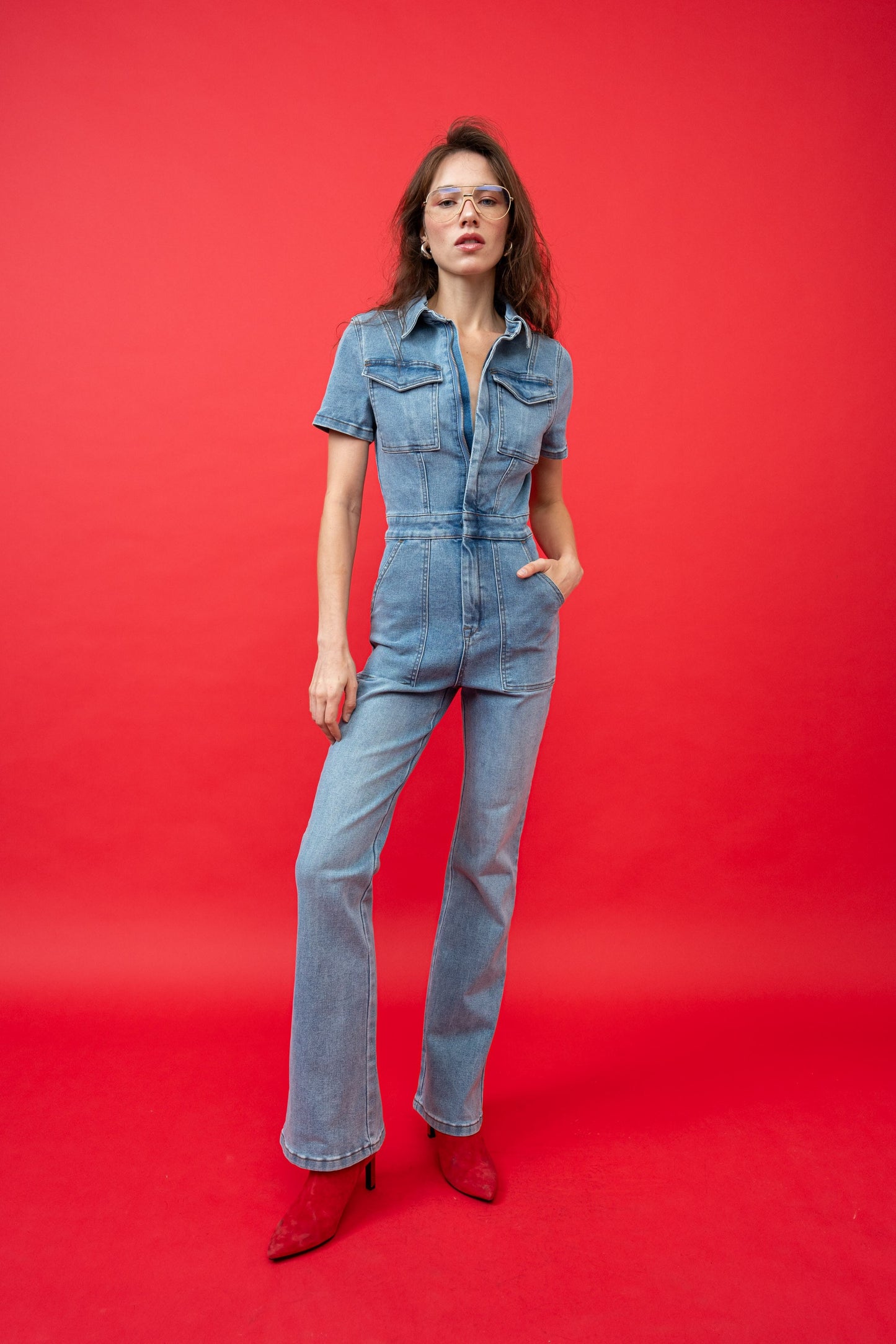Zipper Denim Jumpsuit