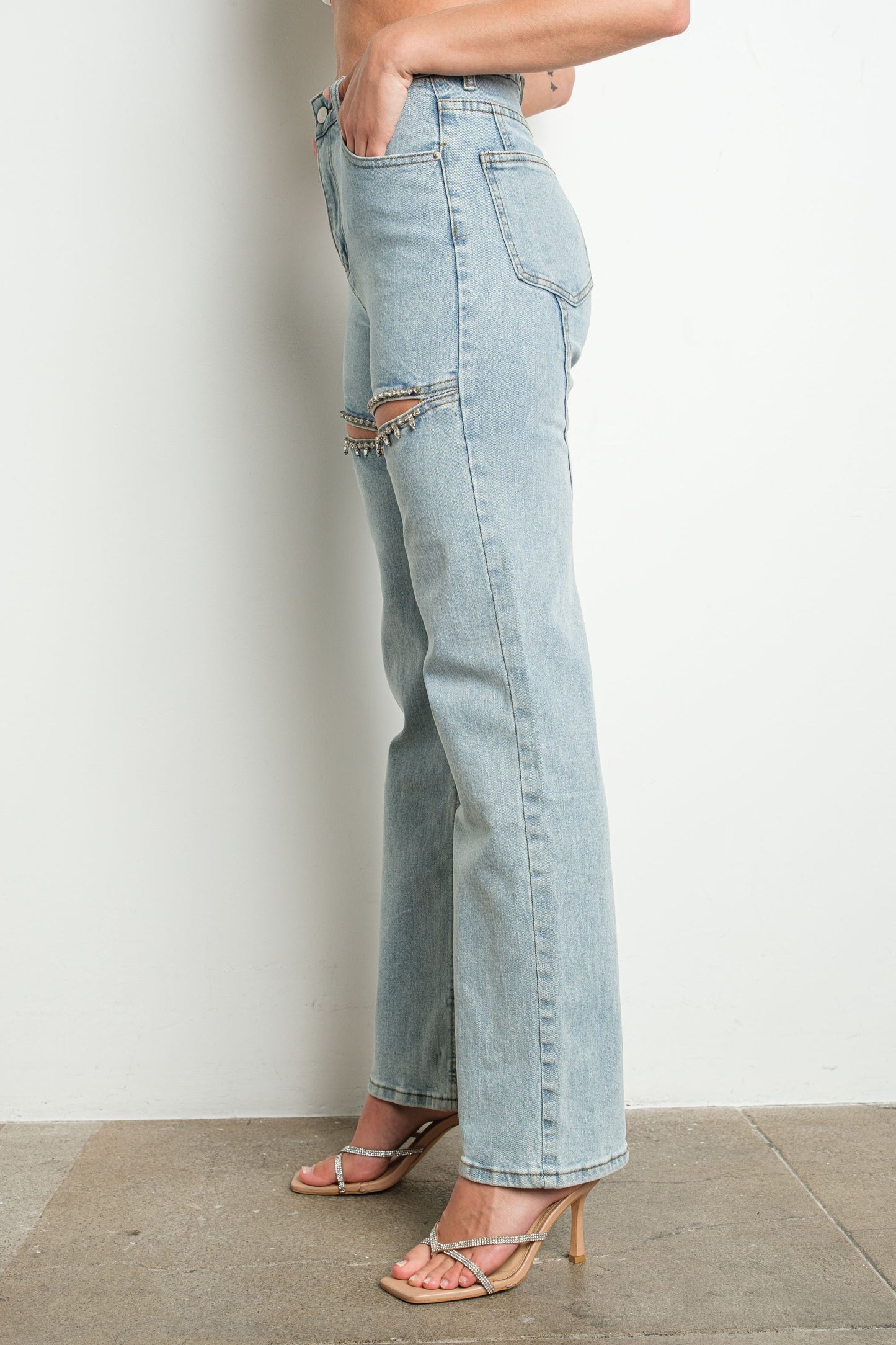 Split Rhinestone Detail Stretch Denim