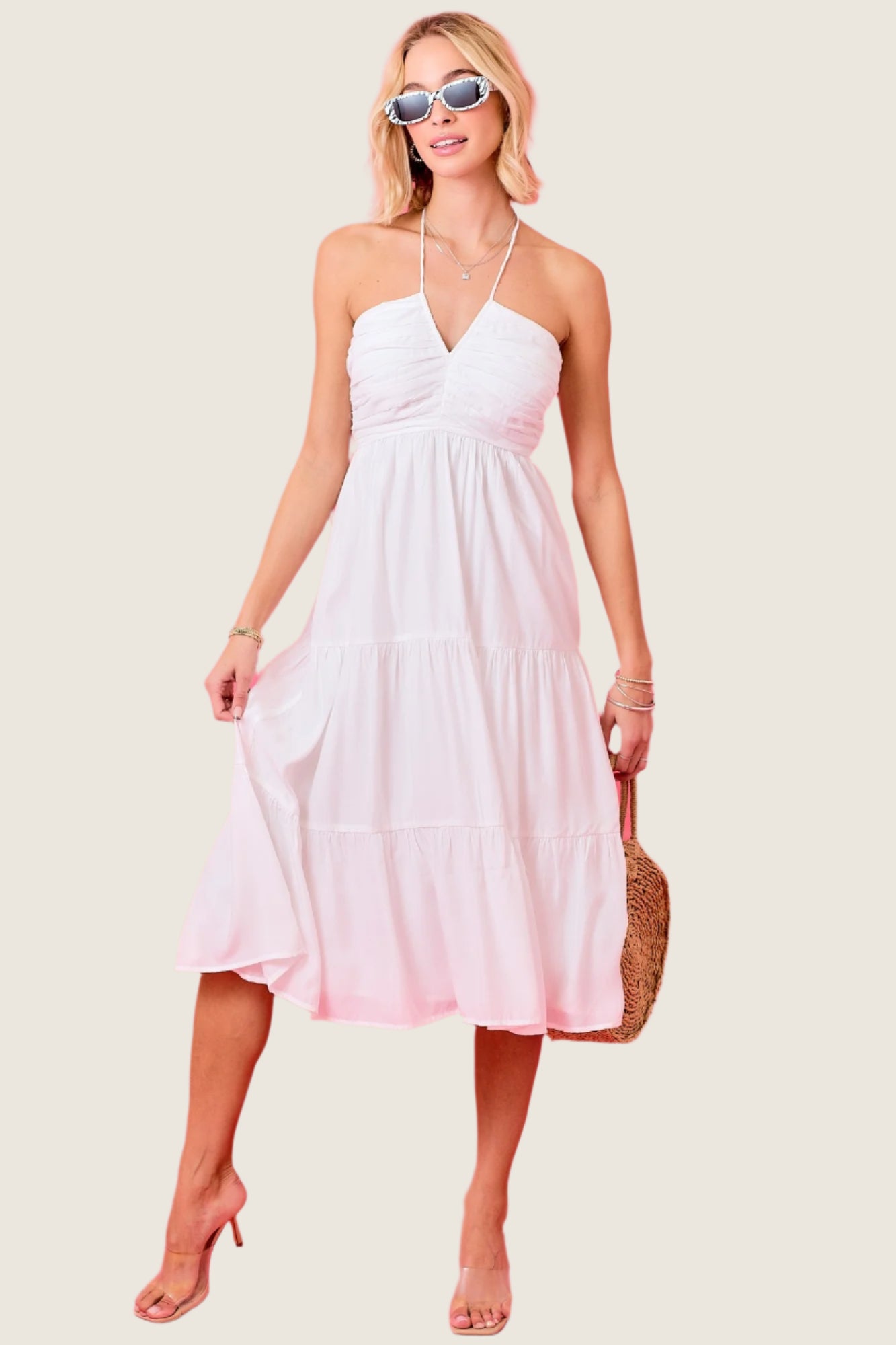 Ruched V-Neck Midi Dress
