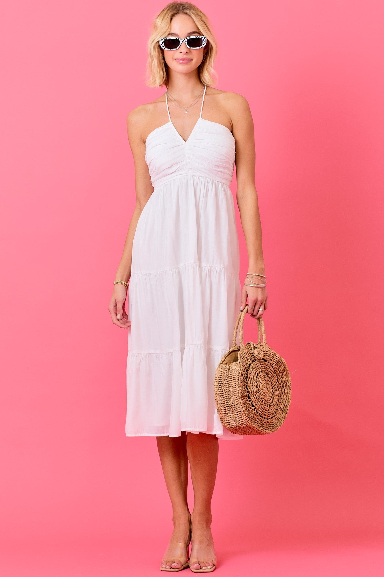 Ruched V-Neck Midi Dress