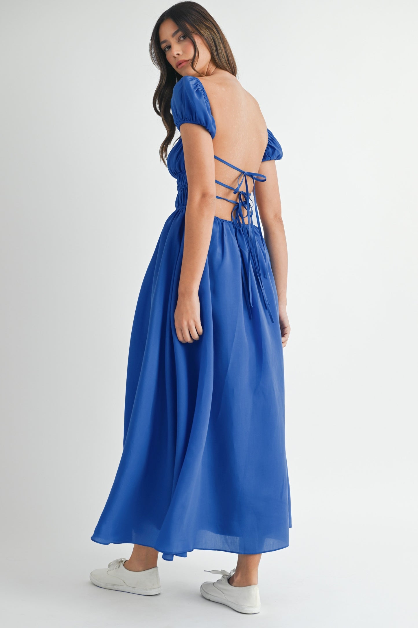 Open Back Puff Ruched Midi Dress