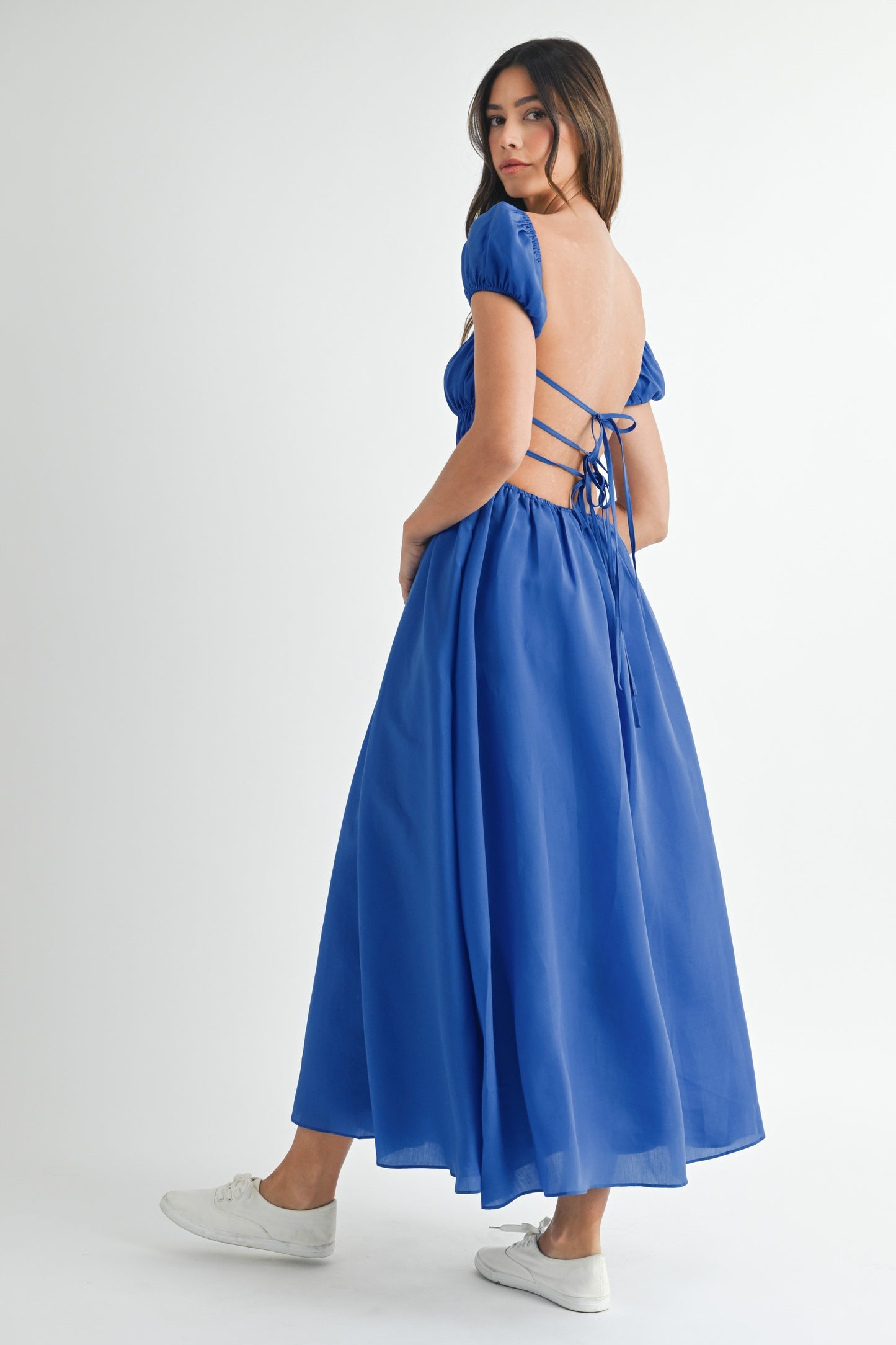 Open Back Puff Ruched Midi Dress