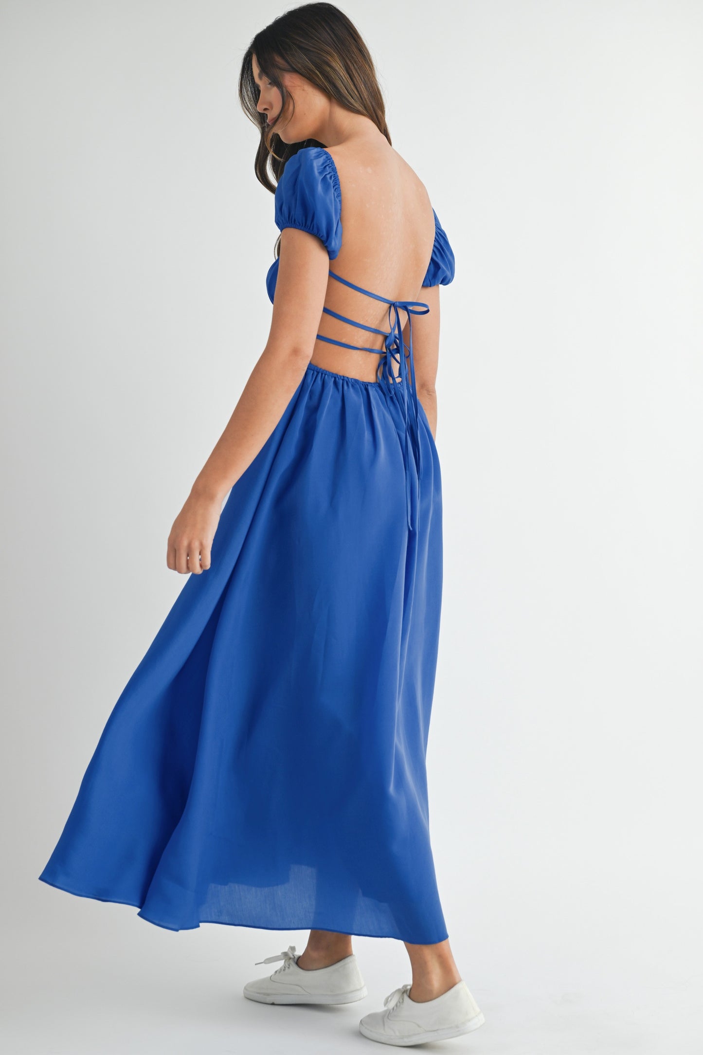 Open Back Puff Ruched Midi Dress