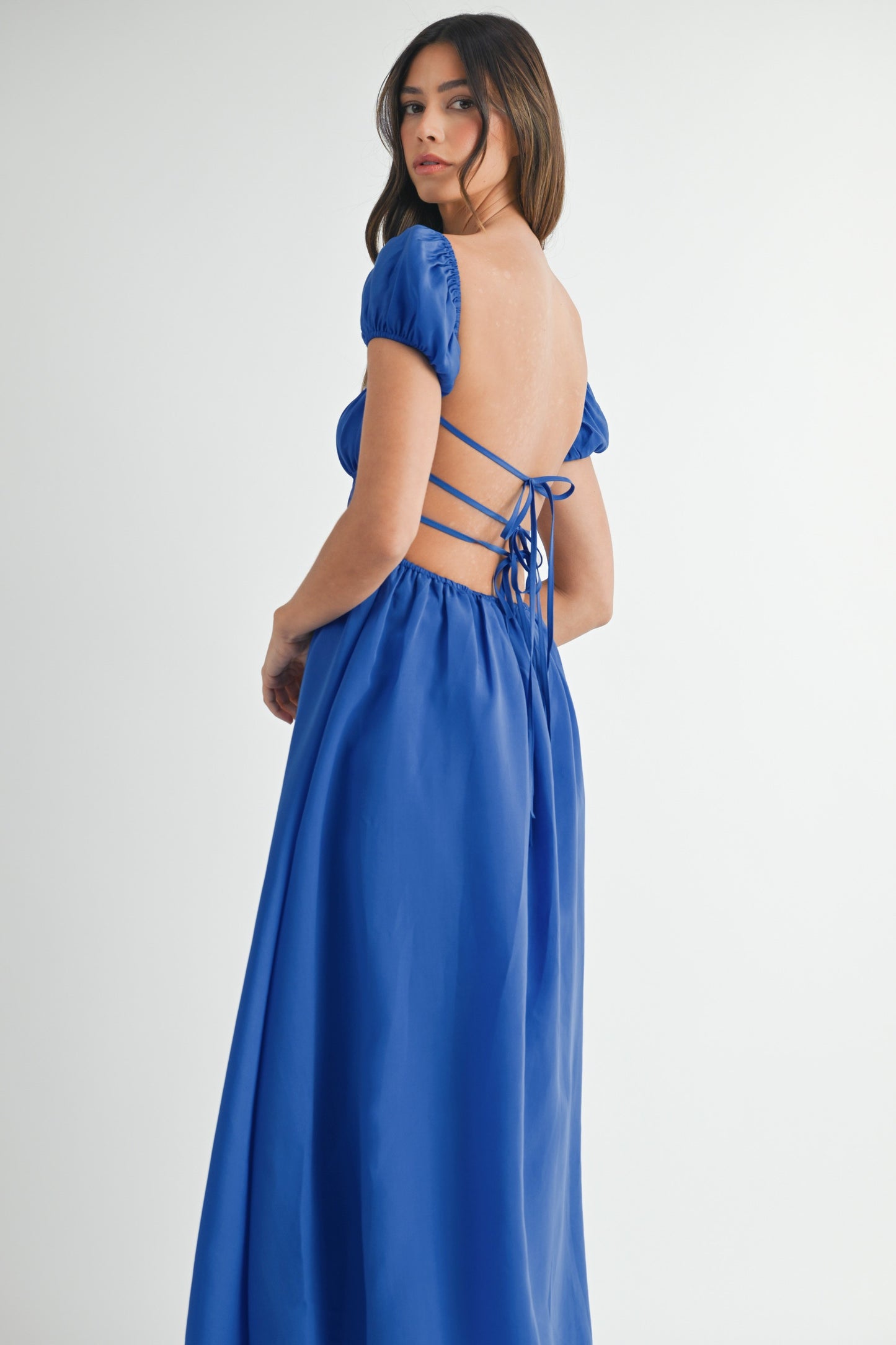 Open Back Puff Ruched Midi Dress