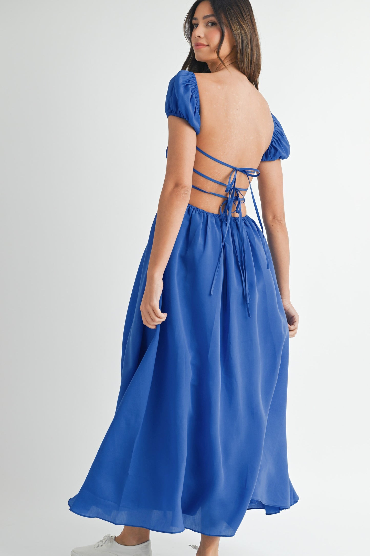Open Back Puff Ruched Midi Dress