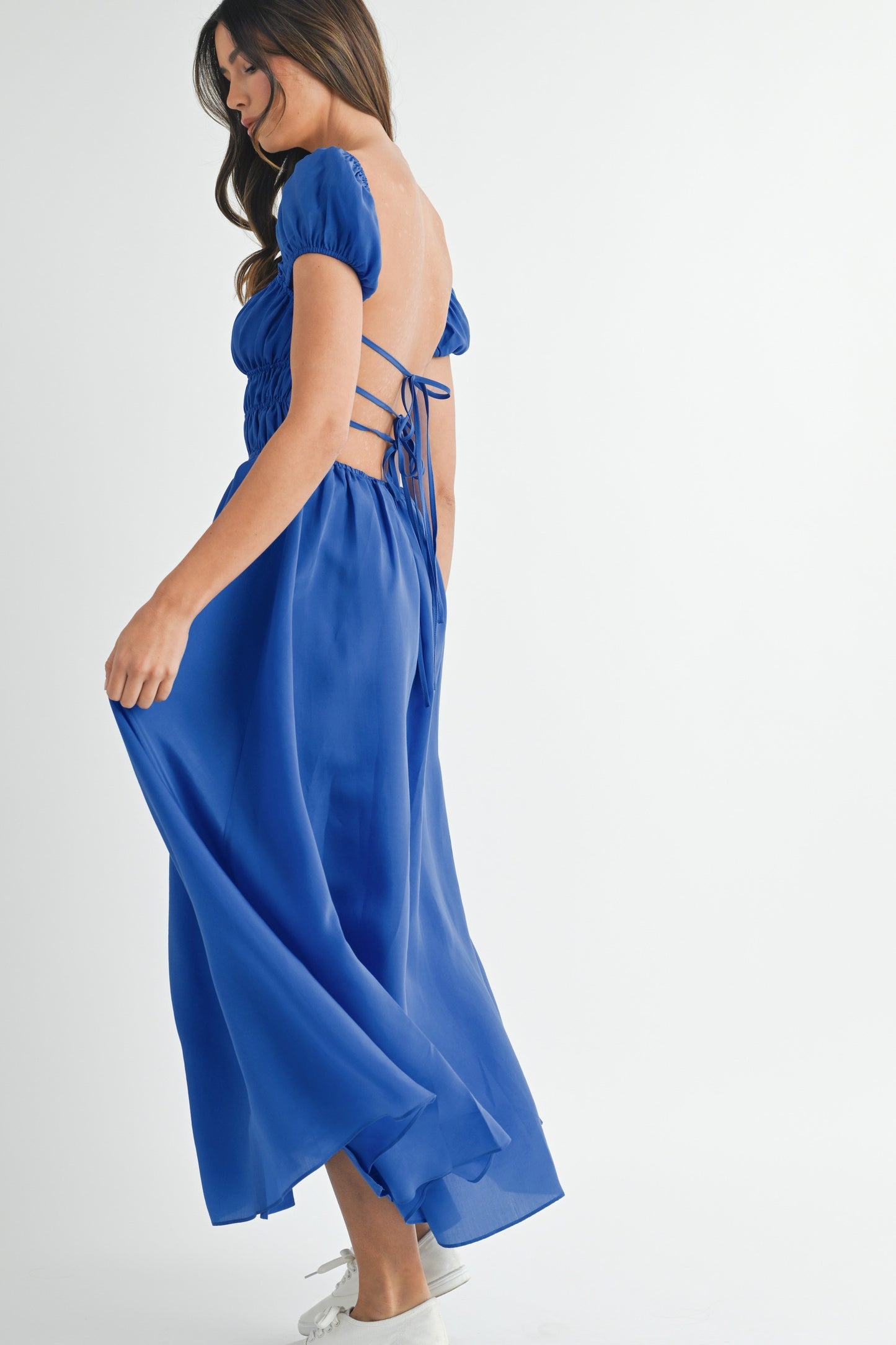 Open Back Puff Ruched Midi Dress