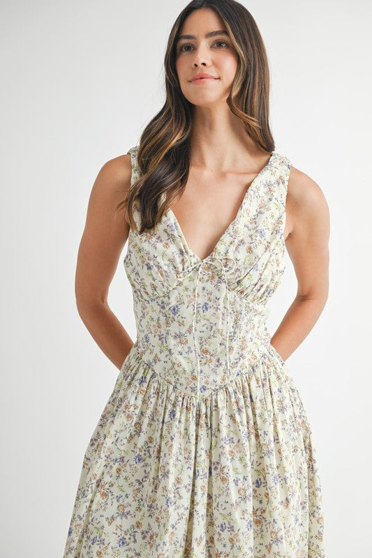 Cream Floral V-Neck Dress