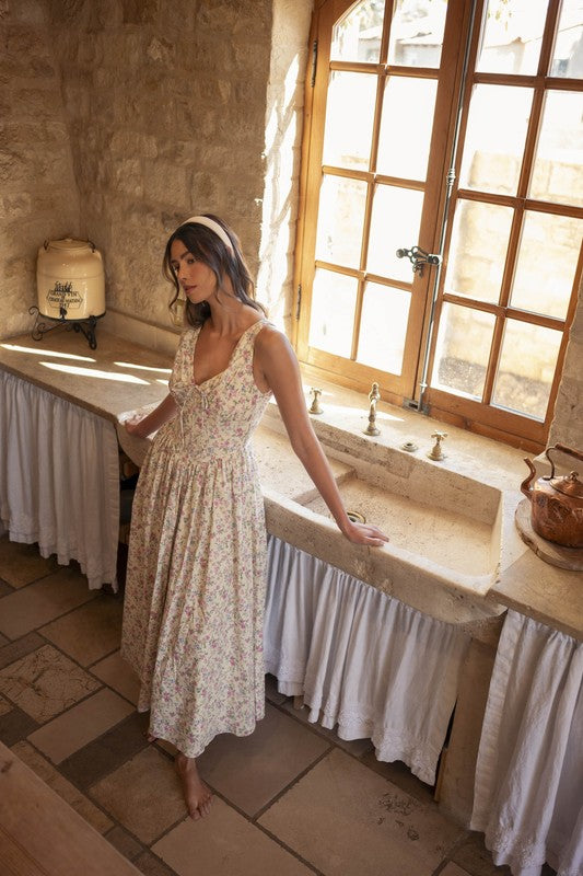 Cream Floral V-Neck Dress