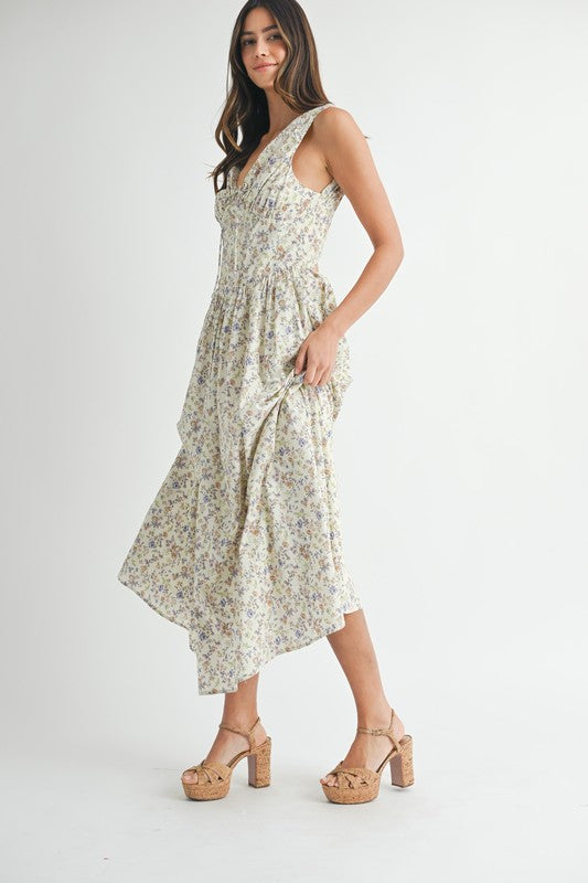 Cream Floral V-Neck Dress