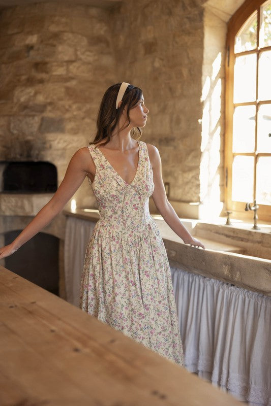Cream Floral V-Neck Dress