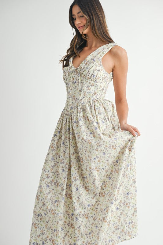 Cream Floral V-Neck Dress