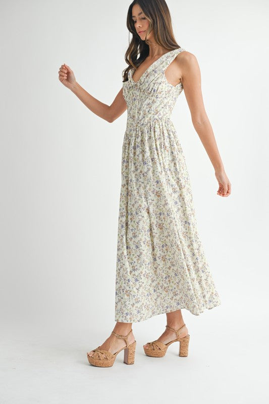 Cream Floral V-Neck Dress