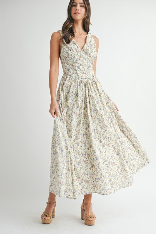 Cream Floral V-Neck Dress