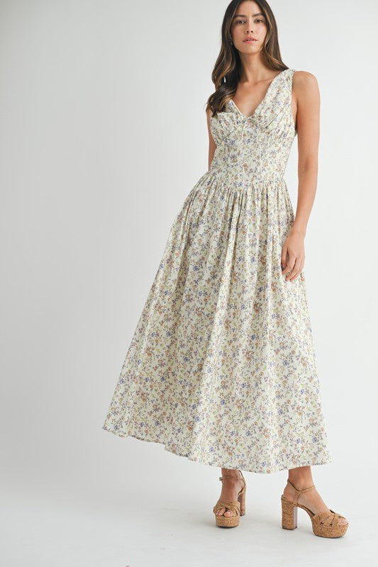 Cream Floral V-Neck Dress