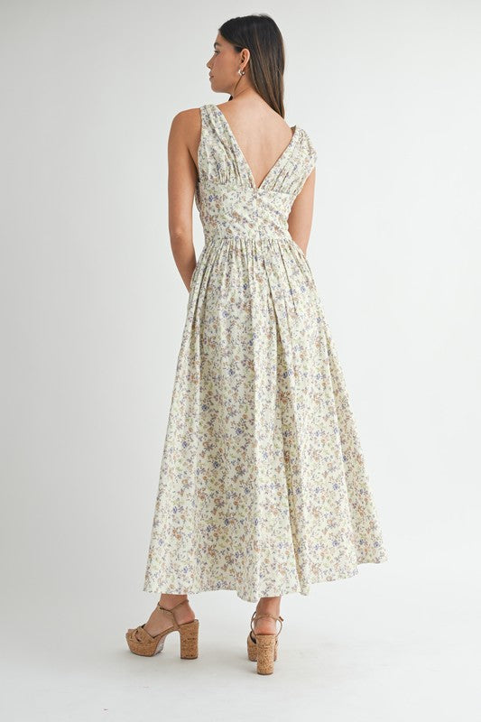 Cream Floral V-Neck Dress