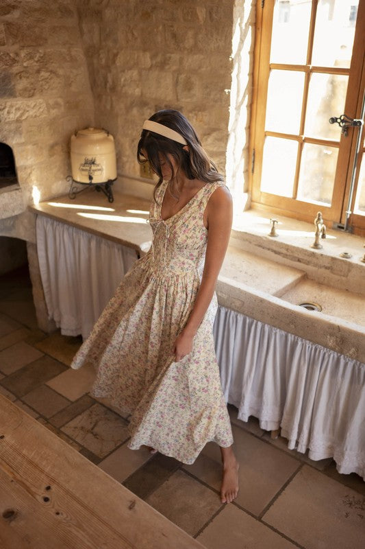 Cream Floral V-Neck Dress