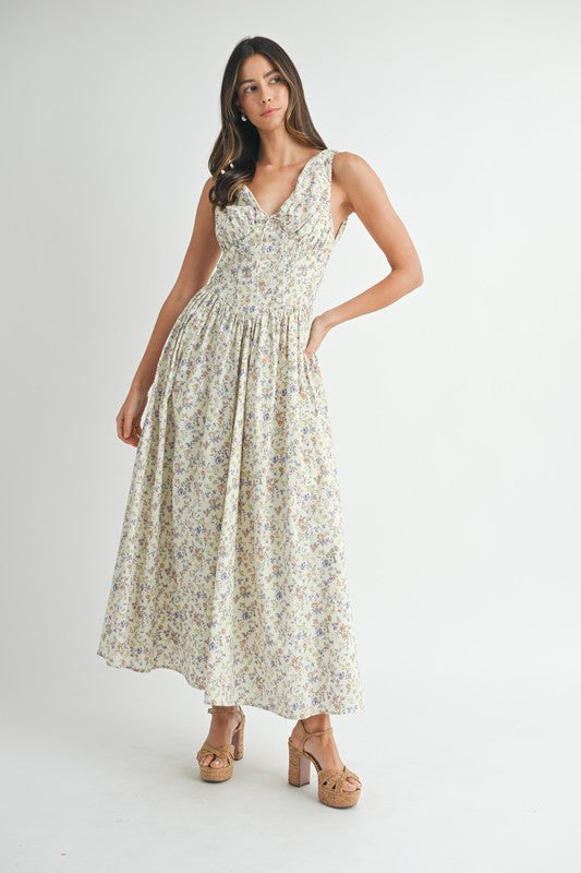 Cream Floral V-Neck Dress
