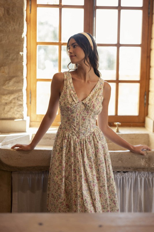 Cream Floral V-Neck Dress