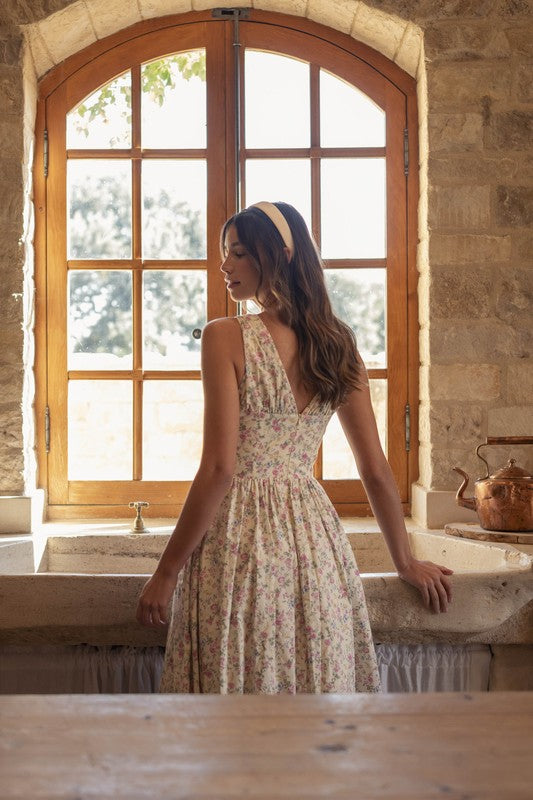 Cream Floral V-Neck Dress