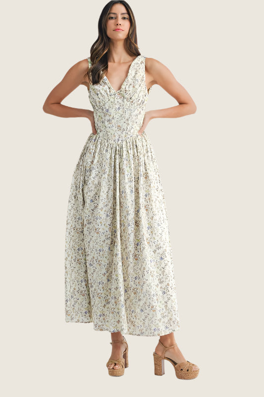 Cream Floral V-Neck Dress