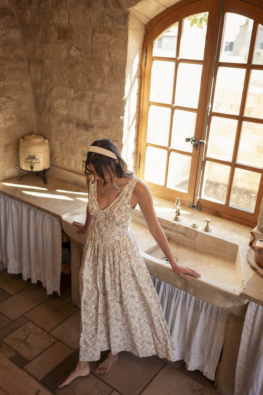 Cream Floral V-Neck Dress