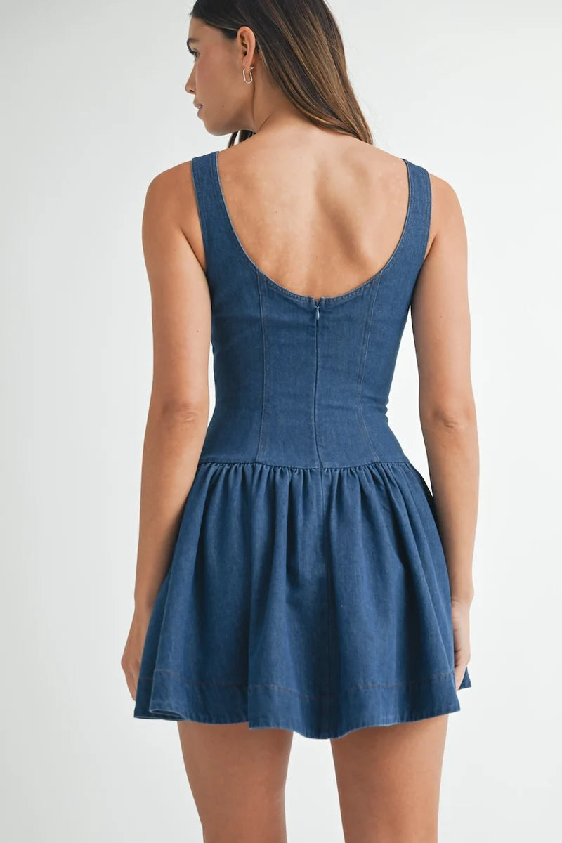 Denim Button Front Drop Waist Mini Dress