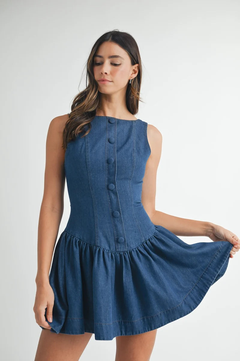 Denim Button Front Drop Waist Mini Dress