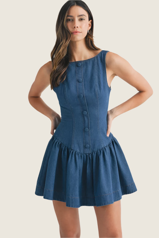 Denim Button Front Drop Waist Mini Dress