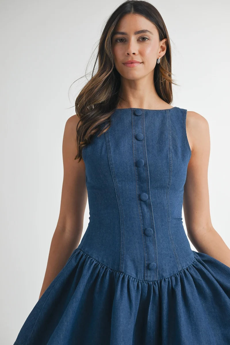 Denim Button Front Drop Waist Mini Dress