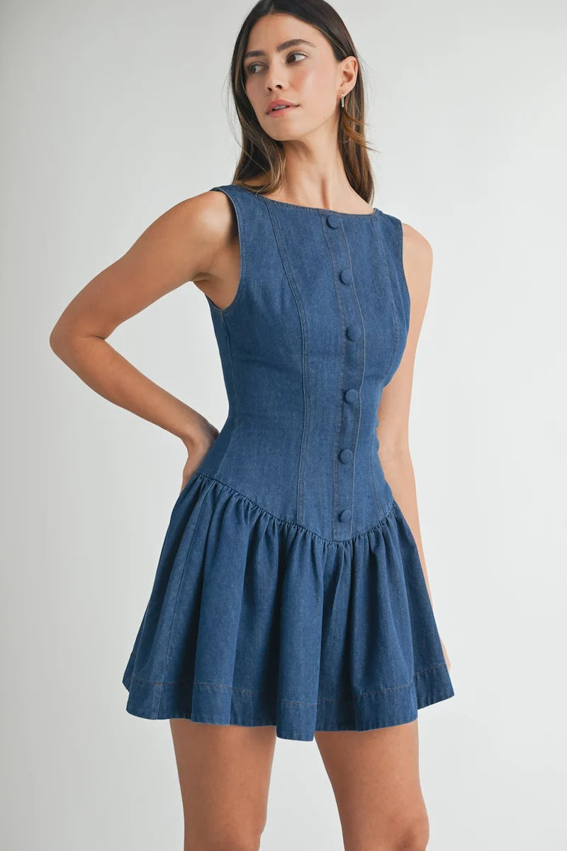 Denim Button Front Drop Waist Mini Dress