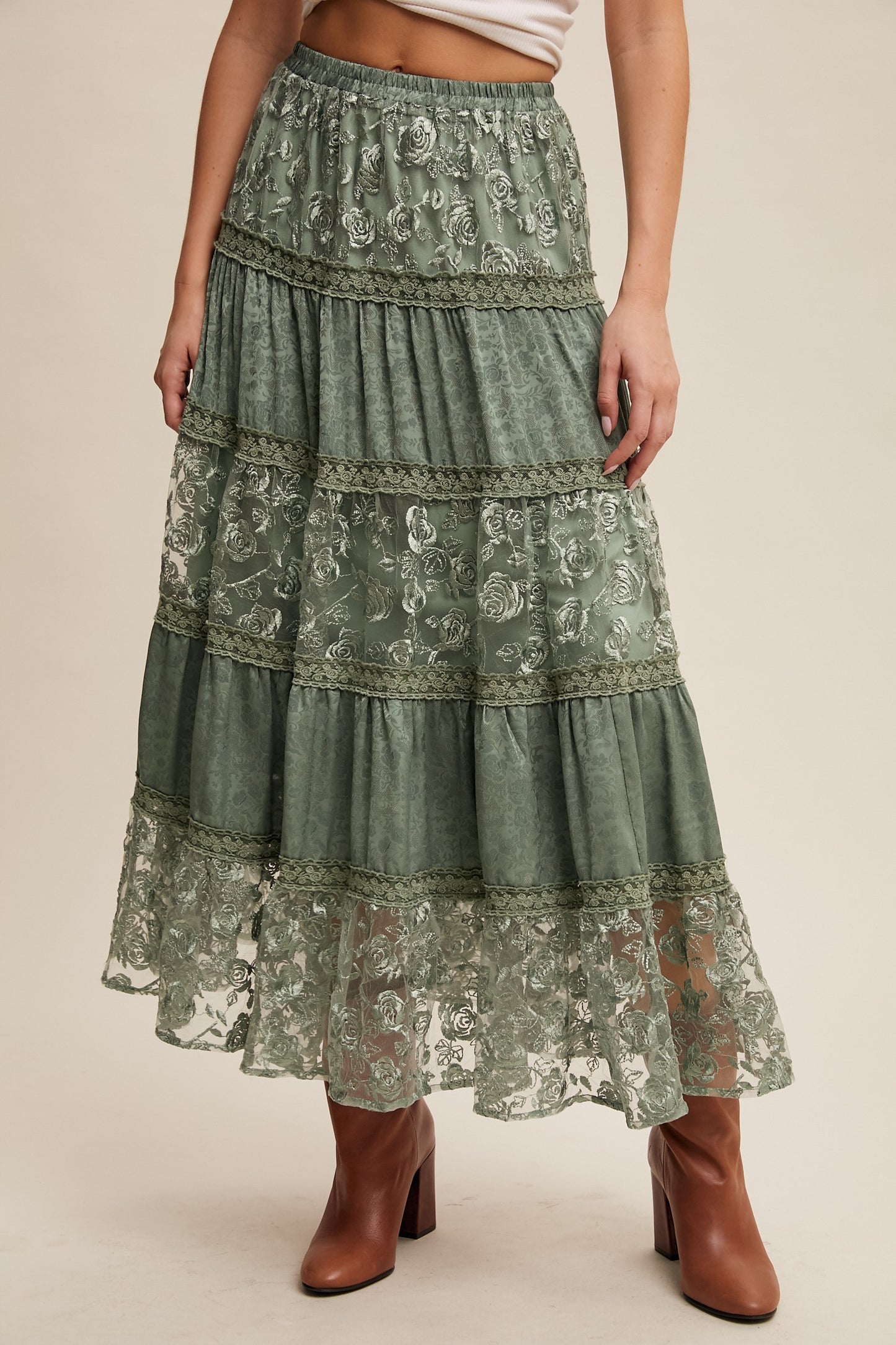Sage Rose Lace Maxi Skirt