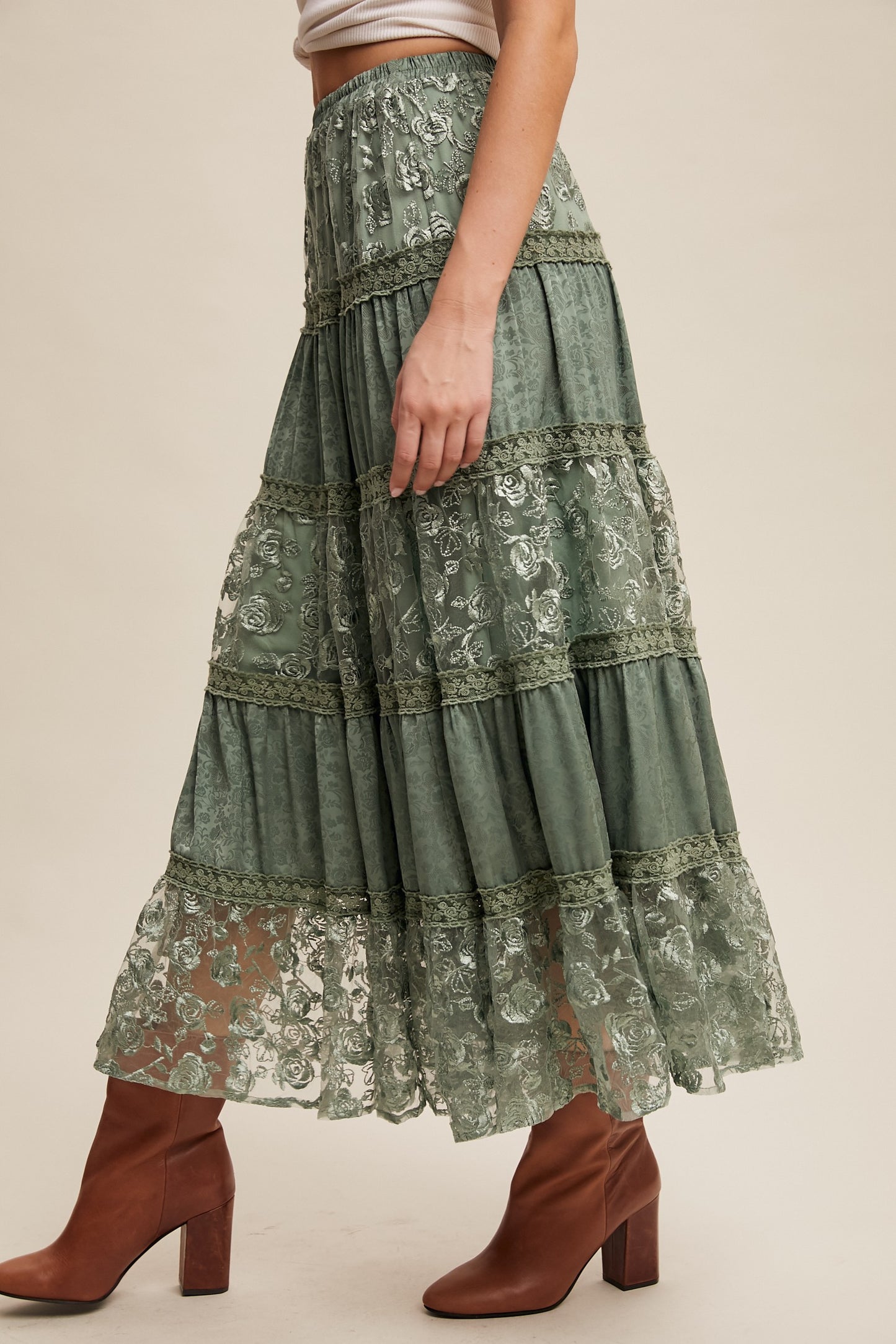 Sage Rose Lace Maxi Skirt