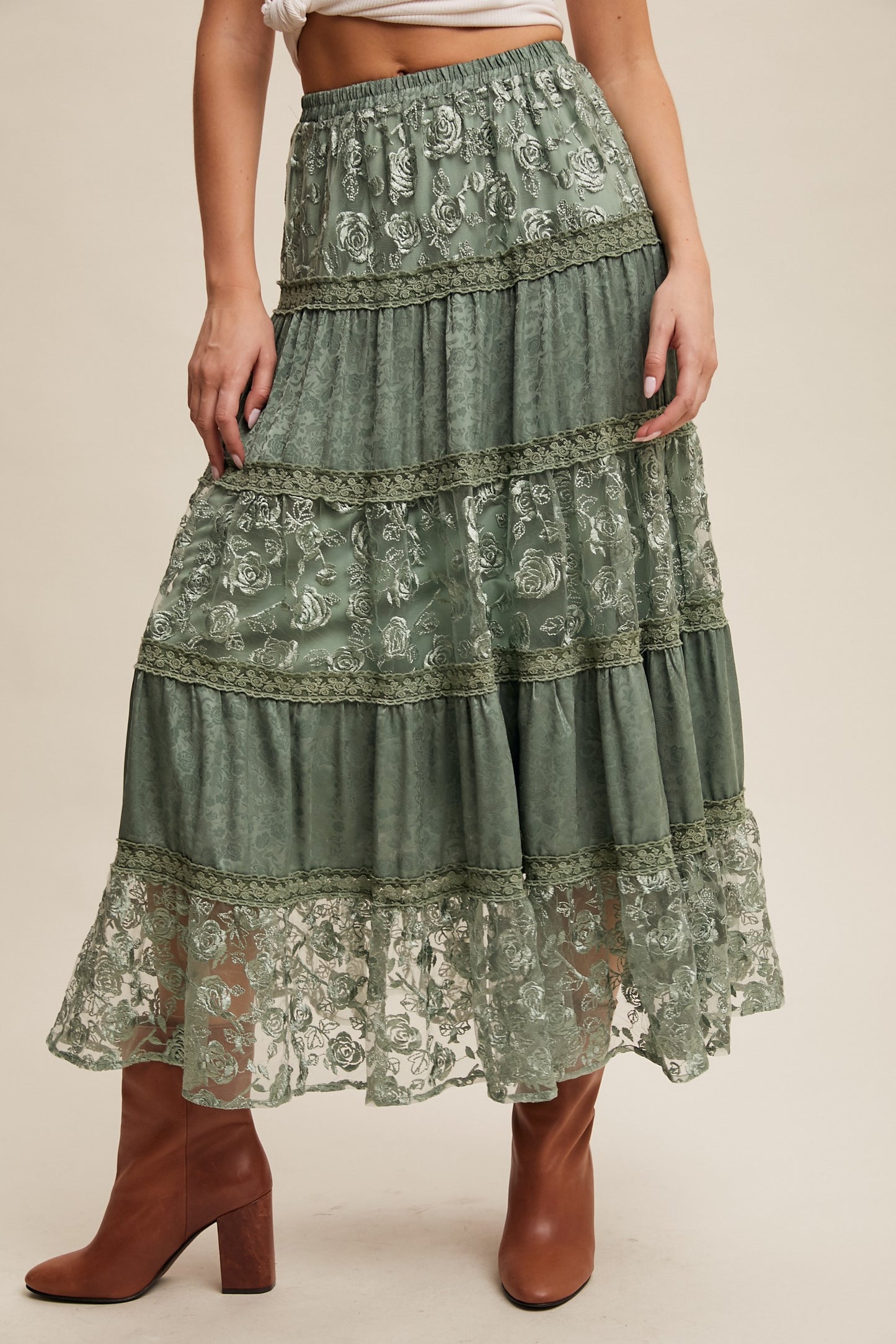 Sage Rose Lace Maxi Skirt