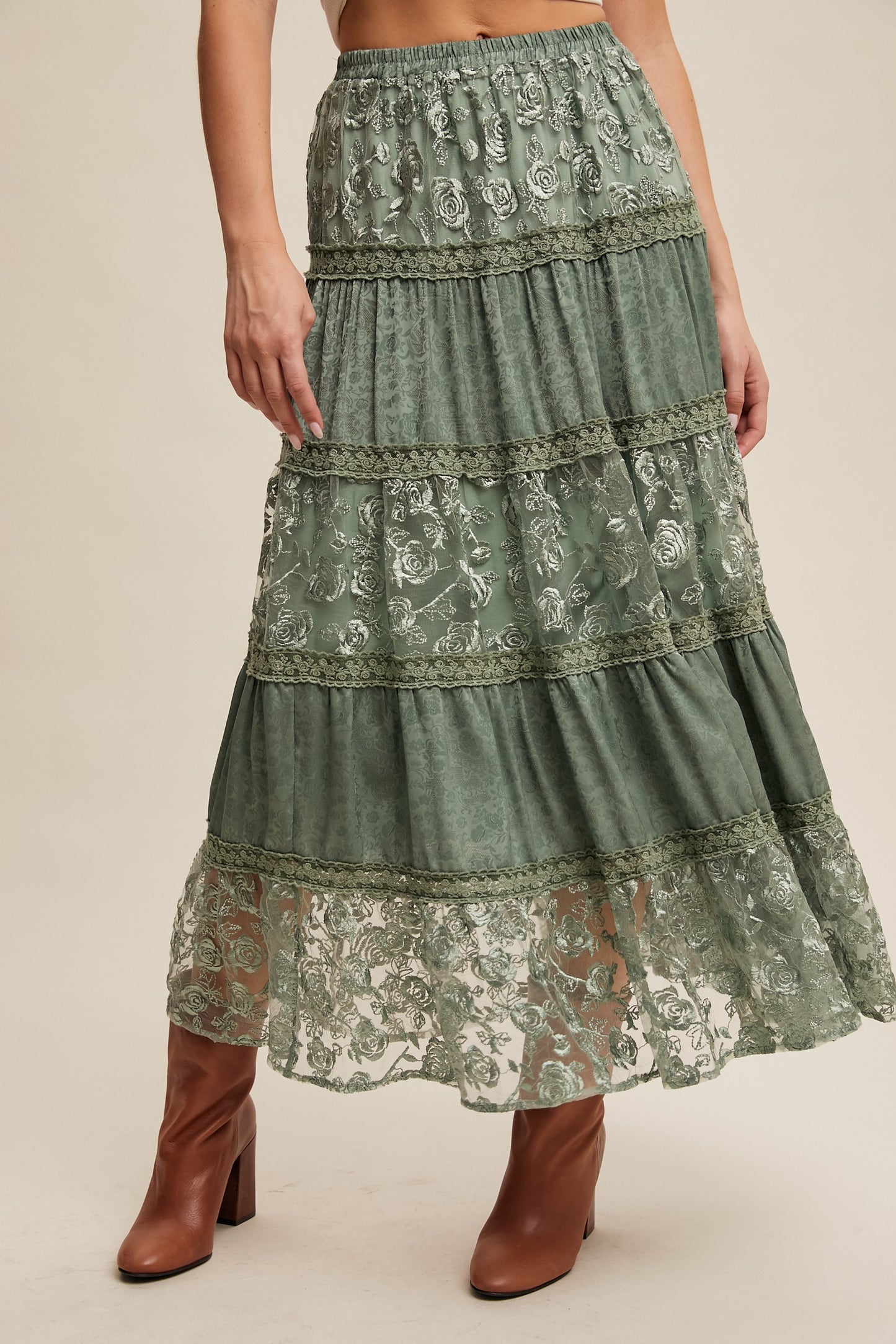 Sage Rose Lace Maxi Skirt