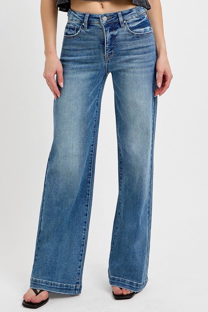 Adjustable Waist Band Wide Leg Denim